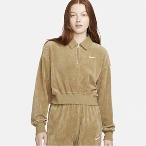 Nike Sportswear Women's Velour Tan Corduroy 1/4 Zip Pullover Collard Top Sz XXL